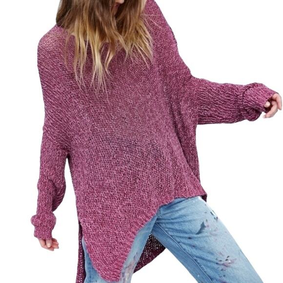 FREE PEOPLE Vertigo knit asymmetrical pullover oversized sweater purple Sz M NEW - Picture 2 of 7